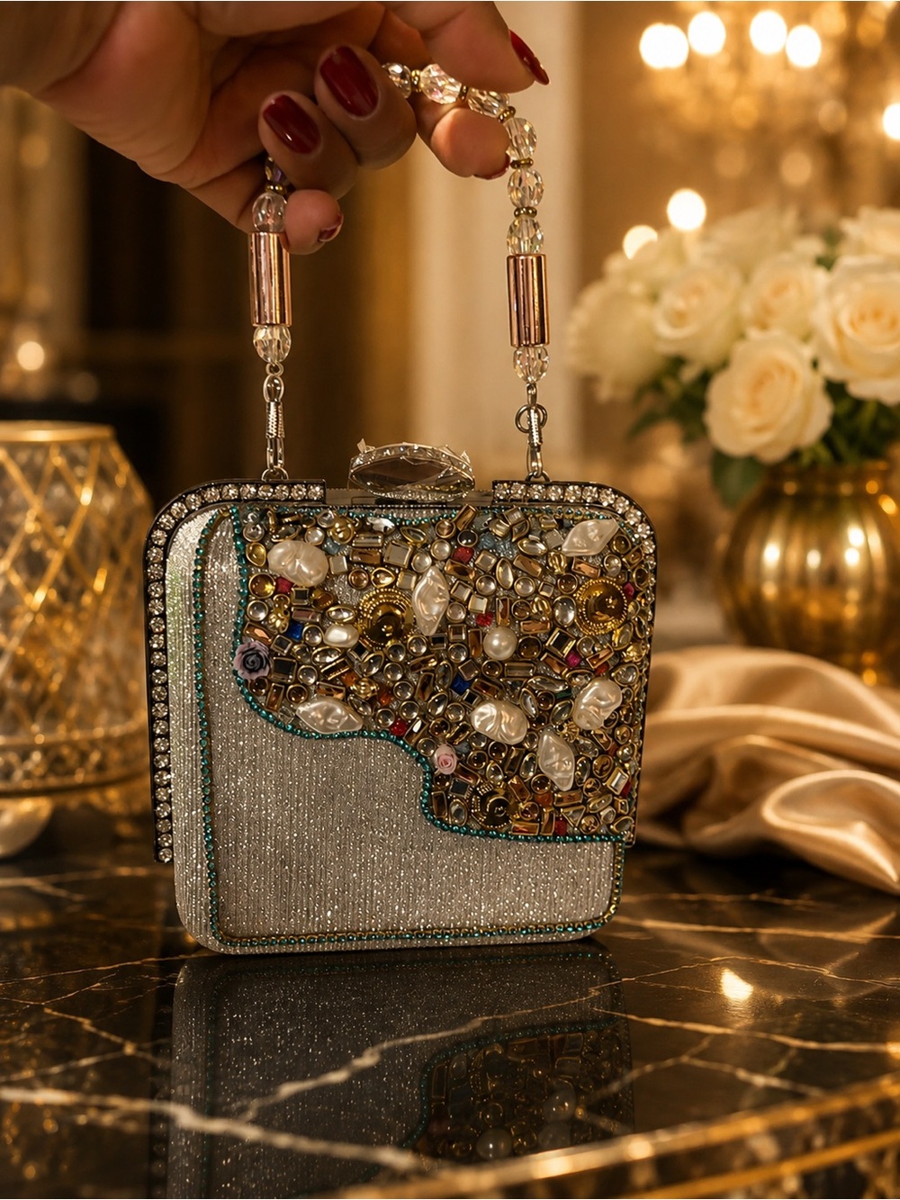 Bejeweled Silver Evening Clutch with Pearl & Crystal Detail